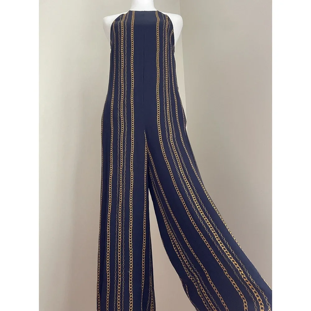 NICHOLAS US 2 Samira 100% Silk Wide Leg Jumpsuit Navy‎ Blue Gold Chain Old Money